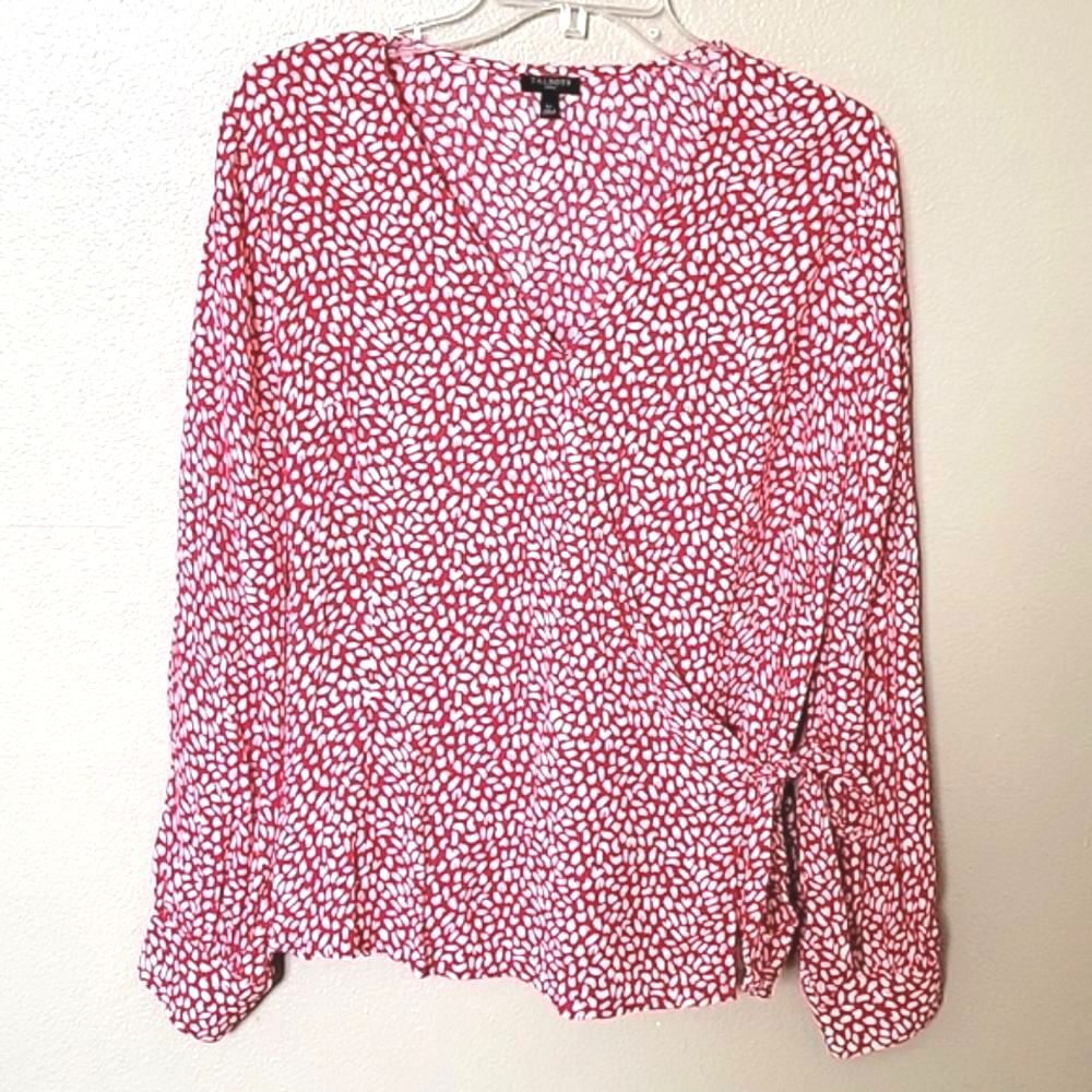 Talbots Red White Faux Wrap Leopard Print Blouse - Size Large Petite